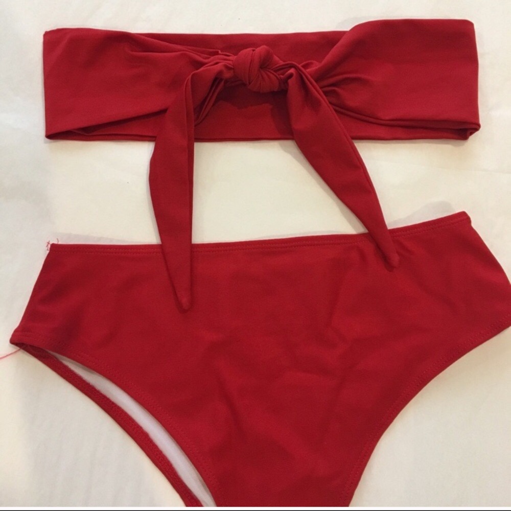 Two  piece high waisted red bikini .